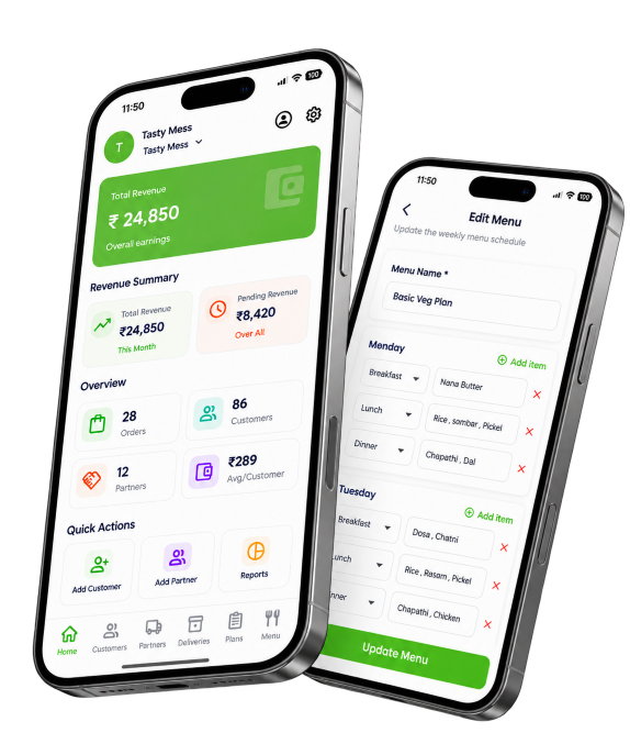 MessMeals mess manager app for managing menus and customer orders